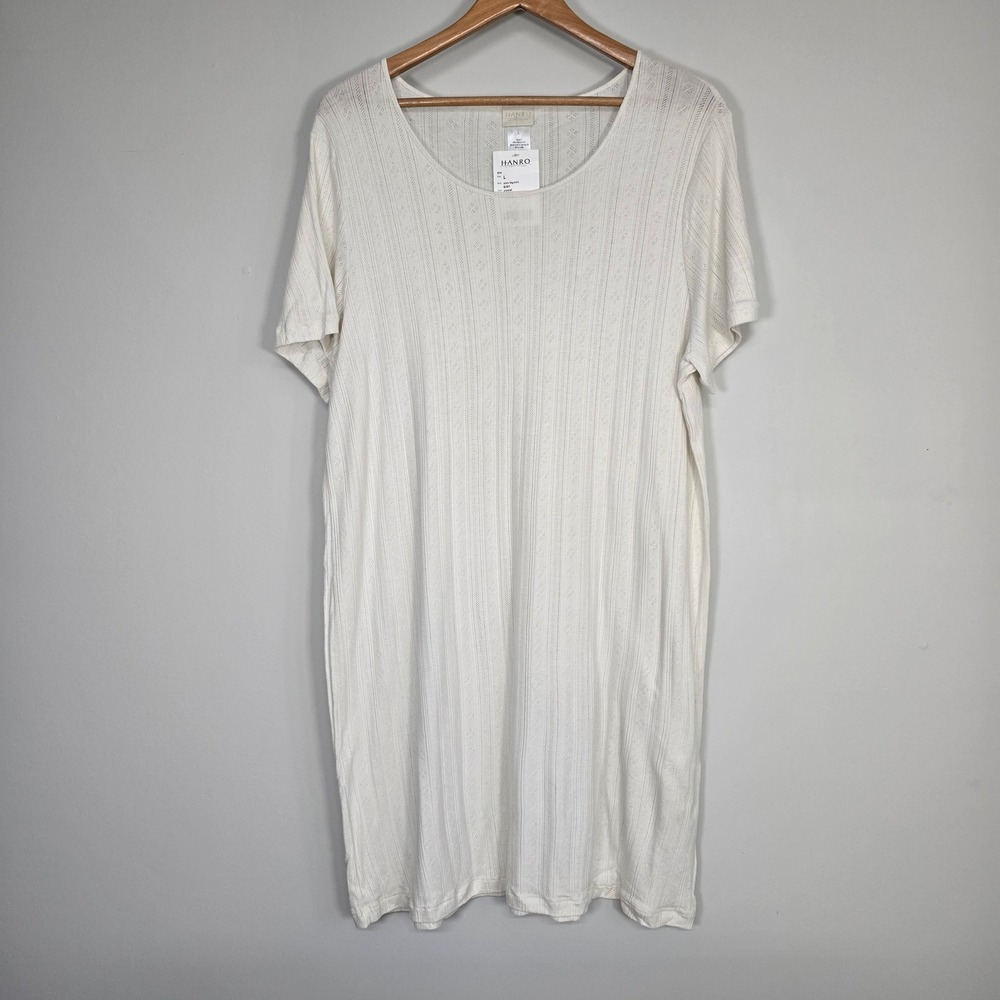 Hanro Idra Bigshirt Womens Large White Pointelle Knit Cotton Modal Nightgown